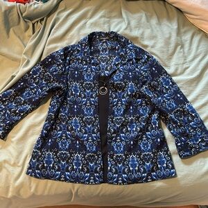 Notations black and blue blouse. Petite medium. Lightly worn.